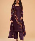 Wine Multy Thread,Sequance Embroidery Work Georgette Semistiched Long Length Kameez Pant party wear salwarsuit