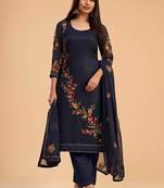 Blue Multy Thread,Sequance Embroidery Work Georgette Semistiched Long Length Kameez Pant party wear salwarsuit