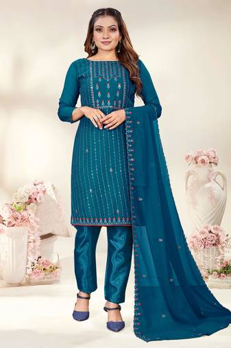 Blue Designer Embroidery Work Georgette Semistiched Long Length Kameez Pant party wear salwarsuit