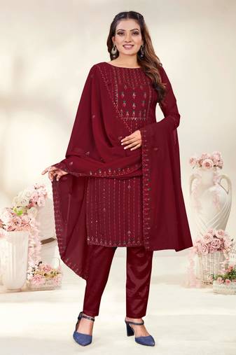 Maroon Designer Embroidery Work Georgette Semistiched Long Length Kameez Pant party wear salwarsuit
