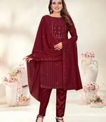 Maroon Designer Embroidery Work Georgette Semistiched Long Length Kameez Pant party wear salwarsuit