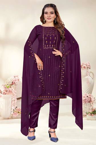 Wine Designer Embroidery Work Georgette Semistiched Long Length Kameez Pant party wear salwarsuit