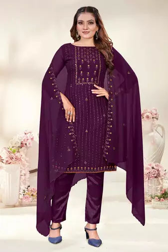 Wine Designer Embroidery Work Georgette Semistiched Long Length Kameez Pant party wear salwarsuit