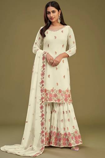 Cream Heavy Multy Thread Embroidery Work Georgette Semistiched Long Length Kameez Plazzo party wear salwarsuit
