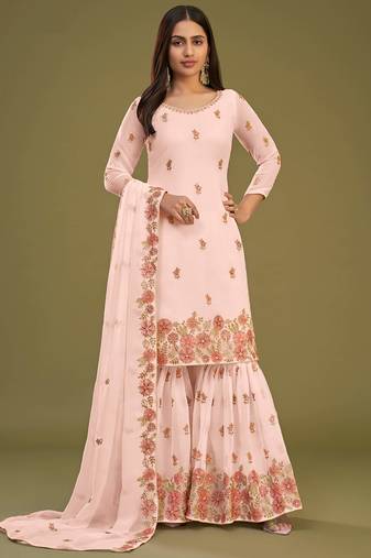 Peach Heavy Multy Thread Embroidery Work Georgette Semistiched Long Length Kameez Plazzo party wear salwarsuit