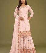Peach Heavy Multy Thread Embroidery Work Georgette Semistiched Long Length Kameez Plazzo party wear salwarsuit