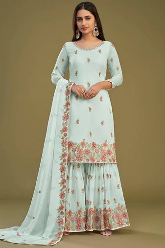 Sky Blue Heavy Multy Thread Embroidery Work Georgette Semistiched Long Length Kameez Plazzo party wear salwarsuit