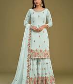 Sky Blue Heavy Multy Thread Embroidery Work Georgette Semistiched Long Length Kameez Plazzo party wear salwarsuit