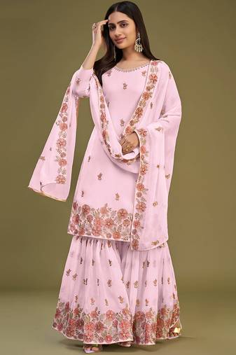 Pink Heavy Multy Thread Embroidery Work Georgette Semistiched Long Length Kameez Plazzo party wear salwarsuit