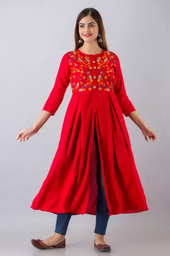 Nishabd women rayon embroidered frontslit  3/4 sleeves calf kurta