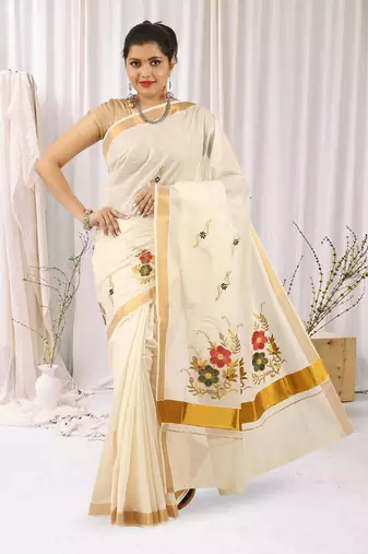 Selvamani tex kerala kasavu cotton saree with running blouse