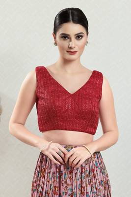 Salwar Studio Women's Red Embroidered Saree Blouse 1