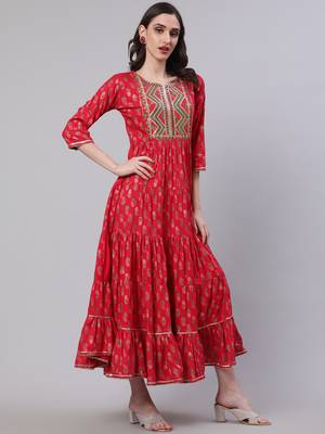 Nishabd women rayon embroidered frontslit  3/4 sleeves calf kurta 3