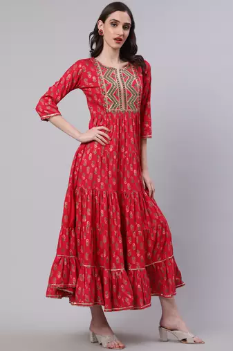Nishabd women rayon embroidered frontslit  3/4 sleeves calf kurta
