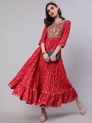 Nishabd women rayon embroidered frontslit  3/4 sleeves calf kurta 4