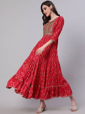 Nishabd women rayon embroidered frontslit  3/4 sleeves calf kurta 5