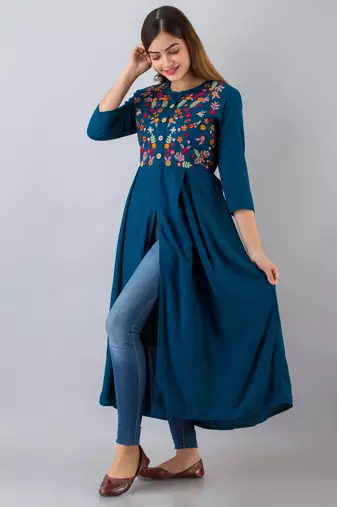 Nishabd women rayon embroidered frontslit  3/4 sleeves calf kurta