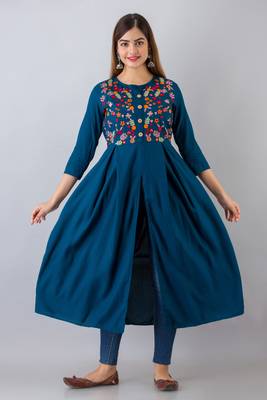 Nishabd women rayon embroidered frontslit  3/4 sleeves calf kurta 3