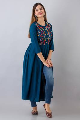Nishabd women rayon embroidered frontslit  3/4 sleeves calf kurta 4