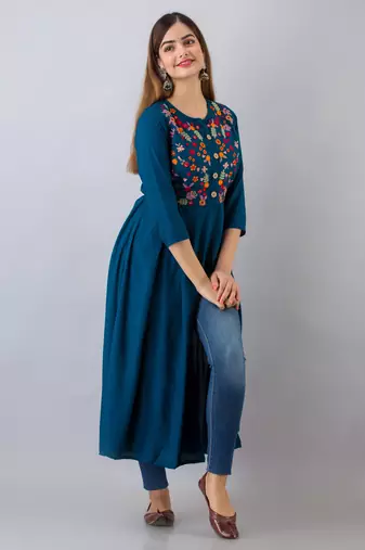 Nishabd women rayon embroidered frontslit  3/4 sleeves calf kurta