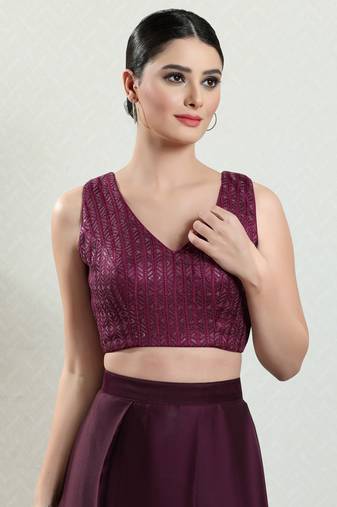 Salwar Studio Women's Wine Embroidered Saree Blouse