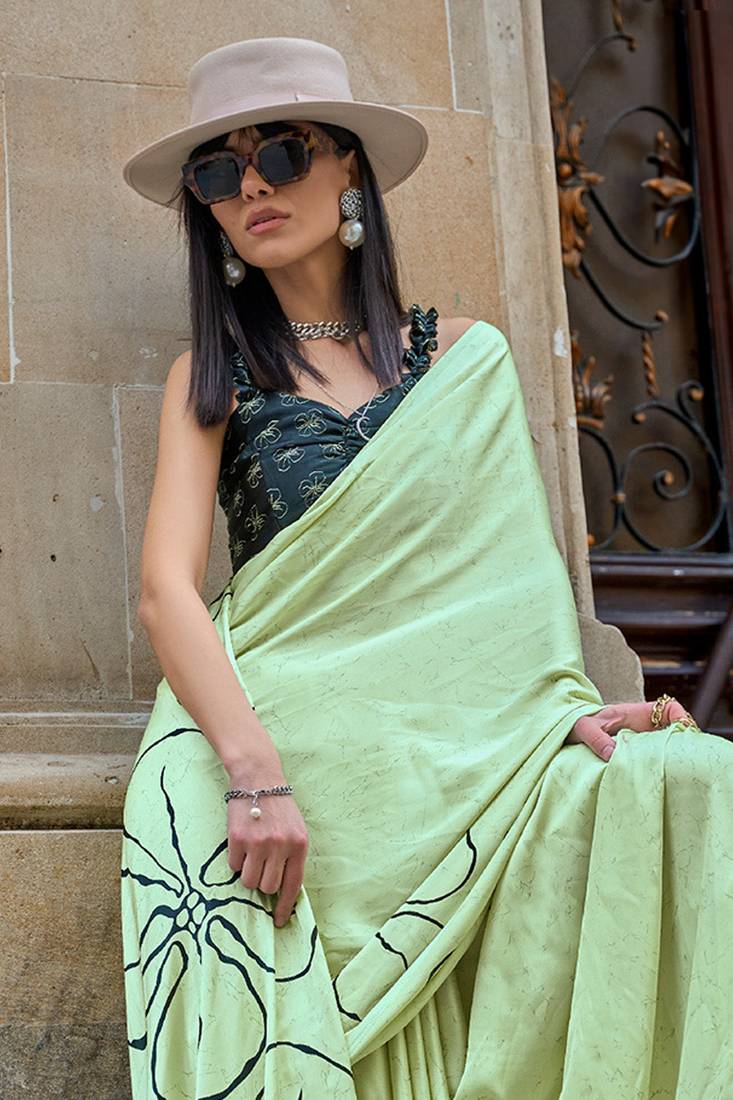 Pista Green Silk Printed Saree With Blouse Piece