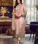 Peach Designer Embroidery Work Faux Georgette Semistiched Long Length Kameez Pant party wear salwarsuit