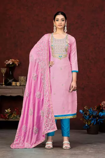 PinkEmbroidery WorkGlass CottonSemistichedLong Length KameezPantparty wear salwarsuit