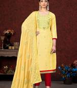 YellowEmbroidery WorkGlass CottonSemistichedLong Length KameezPantparty wear salwarsuit