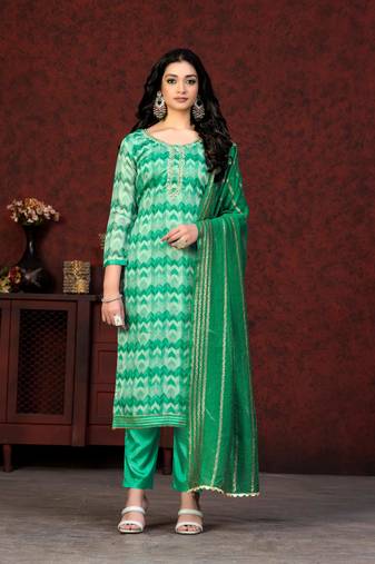 GreenPrinted,Hand WorkModal SilkSemistichedLong Length KameezPantparty wear salwarsuit