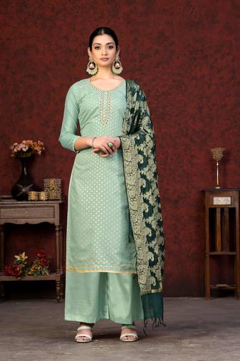 PistaWoven Jacquard DesignerBanarasi SilkSemistichedLong Length KameezPlazzoparty wear salwarsuit