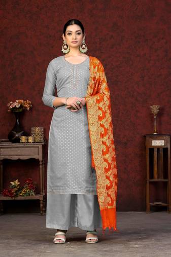 GreyWoven Jacquard DesignerBanarasi SilkSemistichedLong Length KameezPlazzoparty wear salwarsuit
