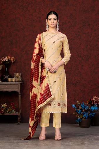 YellowEmbroidery Work,Saburi PrintedModal ChanderiSemistichedLong Length KameezPantparty wear salwarsuit
