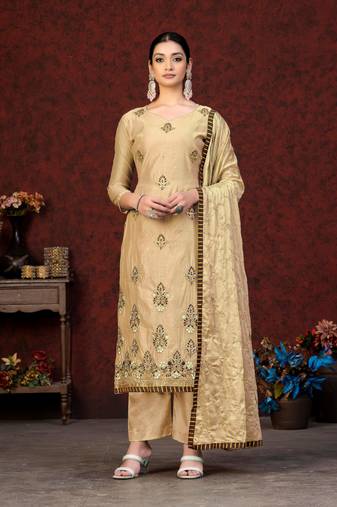 BeigeEmbroidery,Hand WorkModal ChanderiSemistichedLong Length KameezPlazzoparty wear salwarsuit