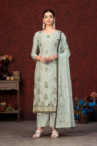 GreyEmbroidery,Hand WorkModal ChanderiSemistichedLong Length KameezPlazzoparty wear salwarsuit