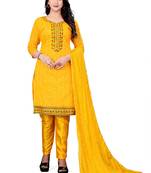 YellowDesigner Embroidery WorkChanderi CottonSemistichedLong Length KameezPantparty wear salwarsuit