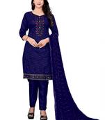 BlueDesigner Embroidery WorkChanderi CottonSemistichedLong Length KameezPantparty wear salwarsuit