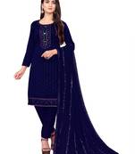 BlueDesigner Embroidery WorkChanderi CottonSemistichedLong Length KameezPantparty wear salwarsuit