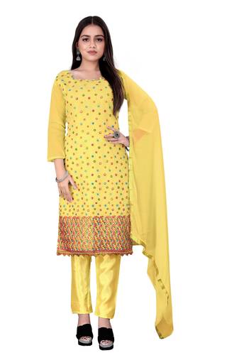 YellowDesigner Embroidery WorkChanderi CottonSemistichedLong Length KameezPantparty wear salwarsuit