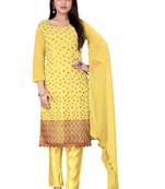 YellowDesigner Embroidery WorkChanderi CottonSemistichedLong Length KameezPantparty wear salwarsuit