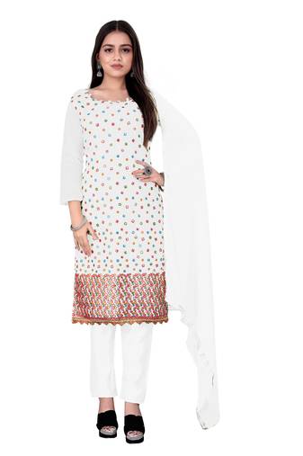 WhiteDesigner Embroidery WorkChanderi CottonSemistichedLong Length KameezPantparty wear salwarsuit