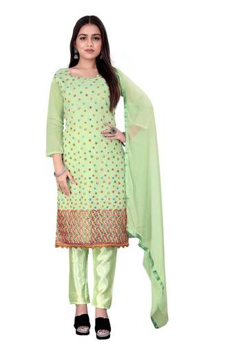 PistaDesigner Embroidery WorkChanderi CottonSemistichedLong Length KameezPantparty wear salwarsuit