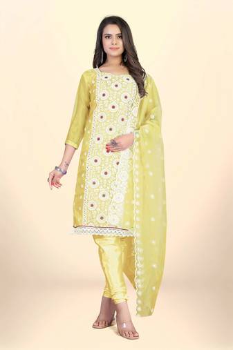 YellowDesigner Embroidery WorkOrganzaSemistichedLong Length KameezPantparty wear salwarsuit