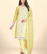 YellowDesigner Embroidery WorkOrganzaSemistichedLong Length KameezPantparty wear salwarsuit