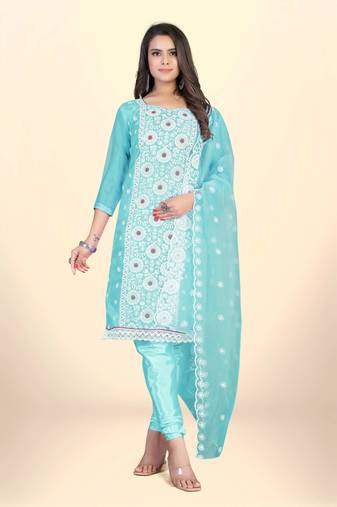 BlueDesigner Embroidery WorkOrganzaSemistichedLong Length KameezPantparty wear salwarsuit