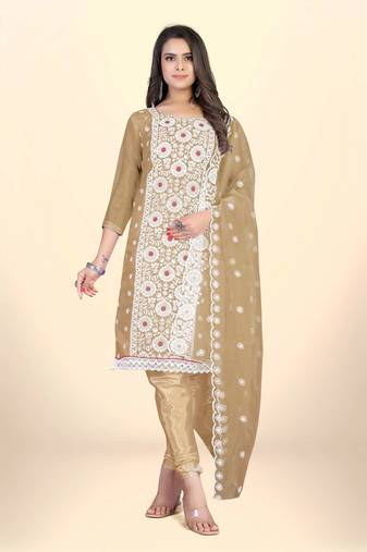 BeigeDesigner Embroidery WorkOrganzaSemistichedLong Length KameezPantparty wear salwarsuit