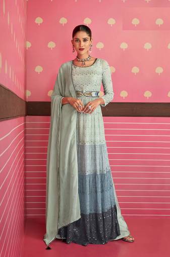 GreyHeavy Thread,Sequance Embroidery WorkGeorgetteSemistichedLong Length KameezPantparty wear salwarsuit