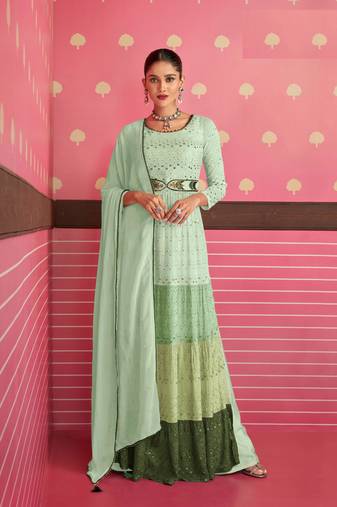 GreenHeavy Thread,Sequance Embroidery WorkGeorgetteSemistichedLong Length KameezPantparty wear salwarsuit
