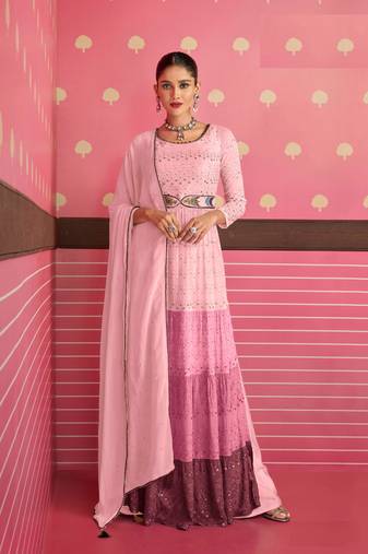 PinkHeavy Thread,Sequance Embroidery WorkGeorgetteSemistichedLong Length KameezPantparty wear salwarsuit