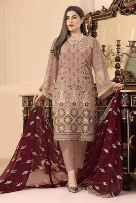 PeachDesigner Embroidery WorkFaux GeorgetteSemistichedLong Length KameezPantparty wear salwarsuit 1